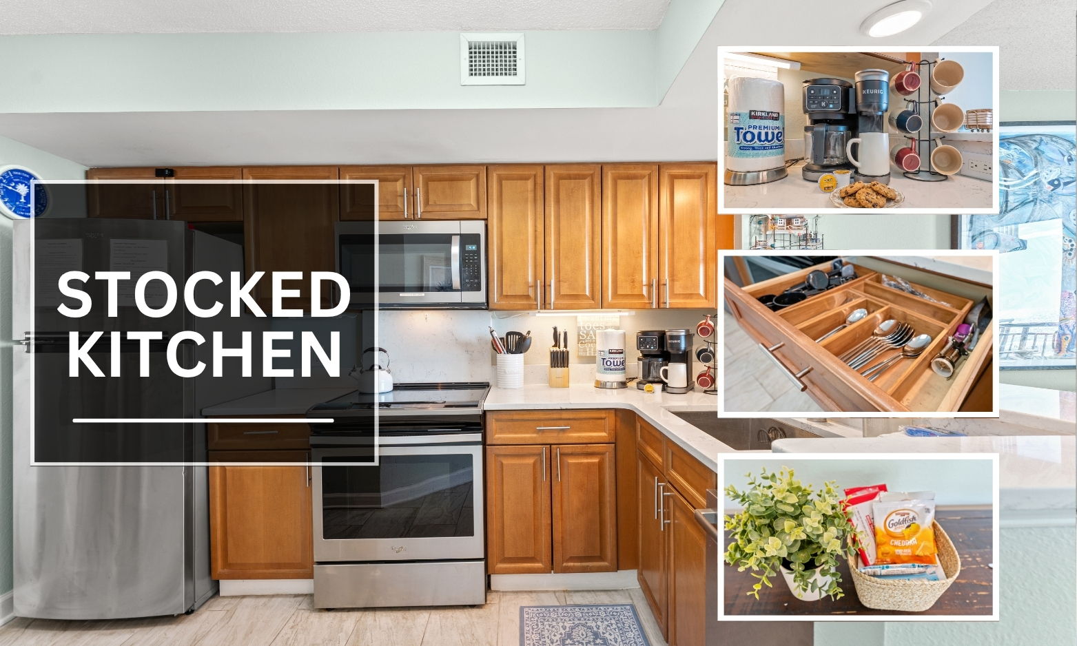 The full kitchen has everything you need to enjoy meals at home.